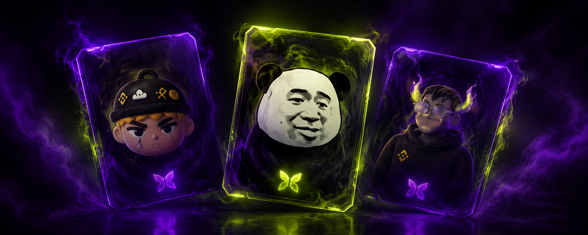 Three mysterious fCards collectible meme cards